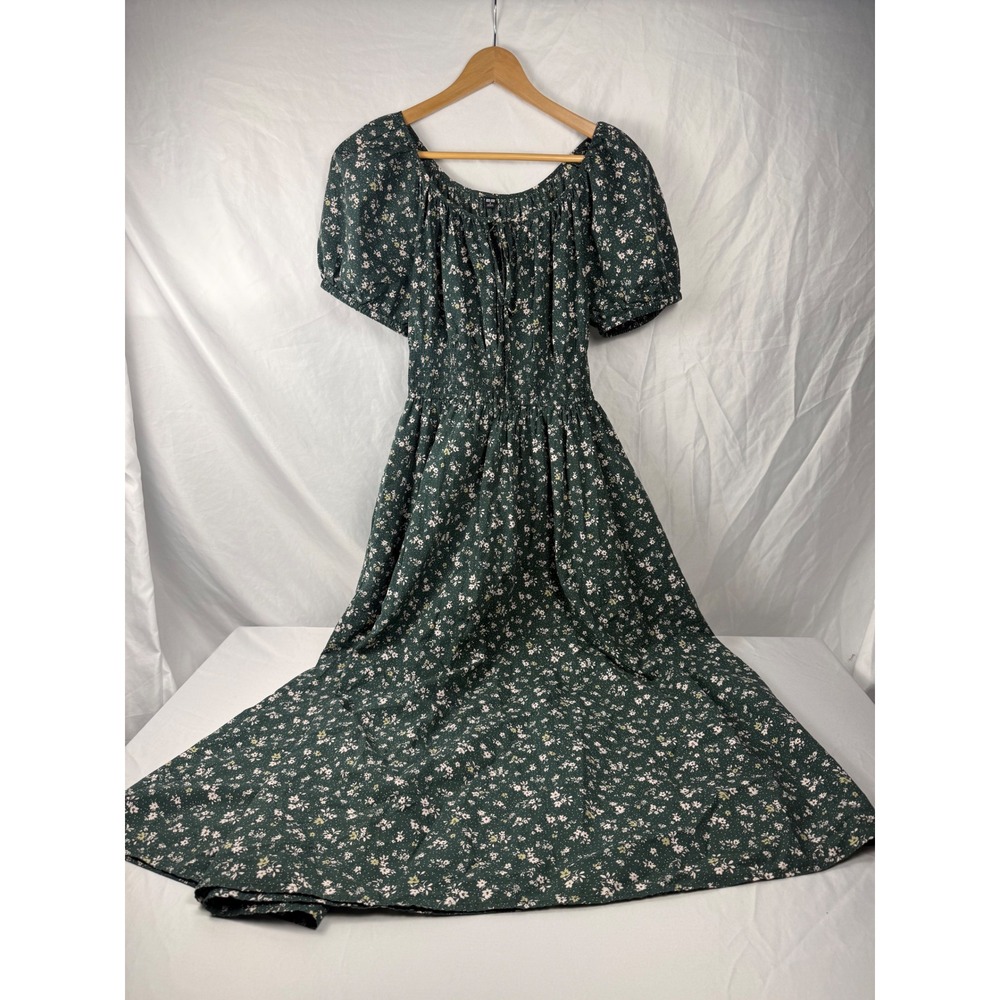 Uniqlo Size S Green Floral Volume Sleeve Midi Dress 100% Cotton Pockets - Picture 4 of 10